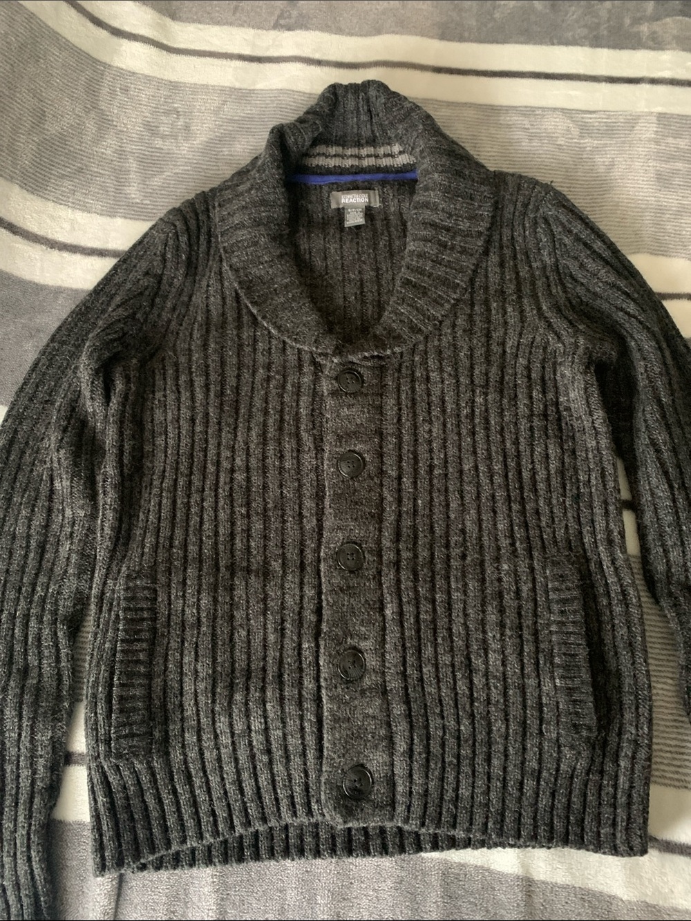Kenneth Cole Reaction Dark Charcoal Ribbed Shawl-Collar Cardigan